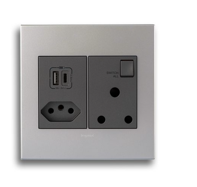 LEGRAND ARTEOR PMONU44MSA 4X4 SA+SLIMLINE+USB SOCKET, SOFT ALU