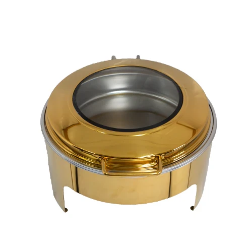 Chafing Dish - Gold Round Flat Top With Glass