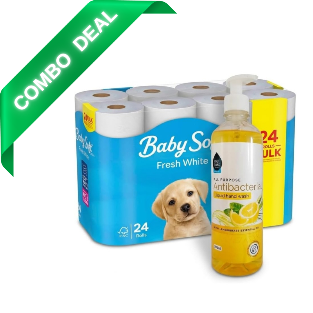 Baby Soft Fresh White Toilet Paper 24 Rolls & Antibacterial Hand Wash | Lemongrass Essential Oil, 300ml Hand Wash