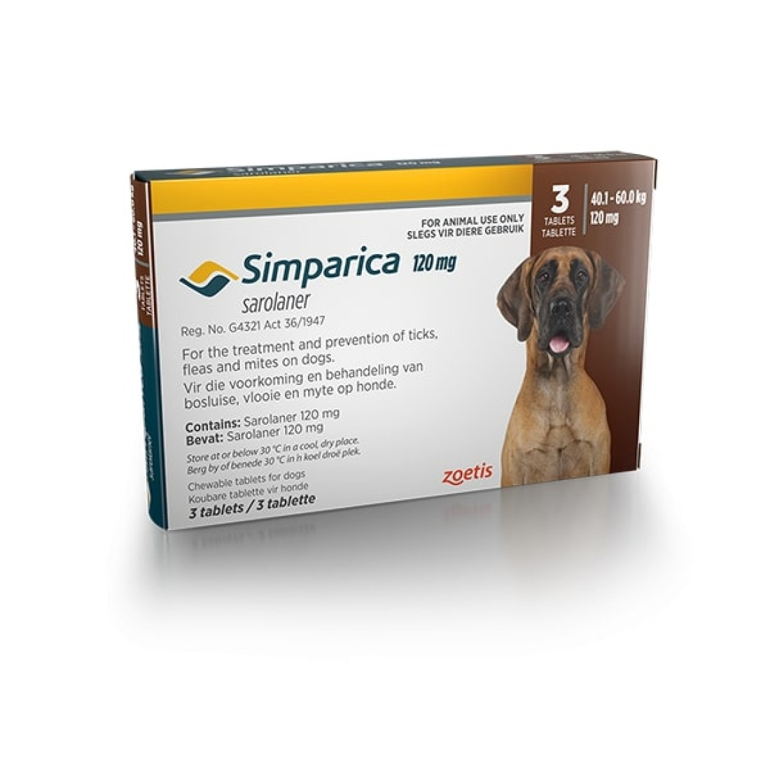 SIMPARICA 120mg Dark Brown 40.1-60.0kg 3 Chewable Tick & Flea Tablets
