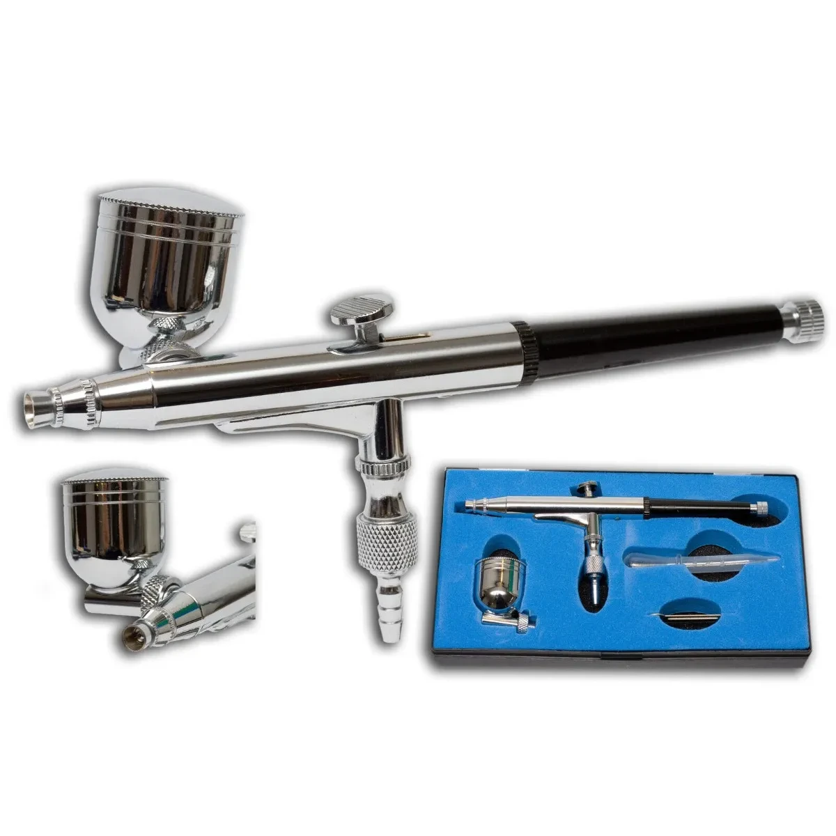 A Professional airbrush utilizing a gravity side feed paint container. For intricate airbrushing applications. For the photo retoucher, commercial illustrator, fine artists, hobbyist, and craftsmen.