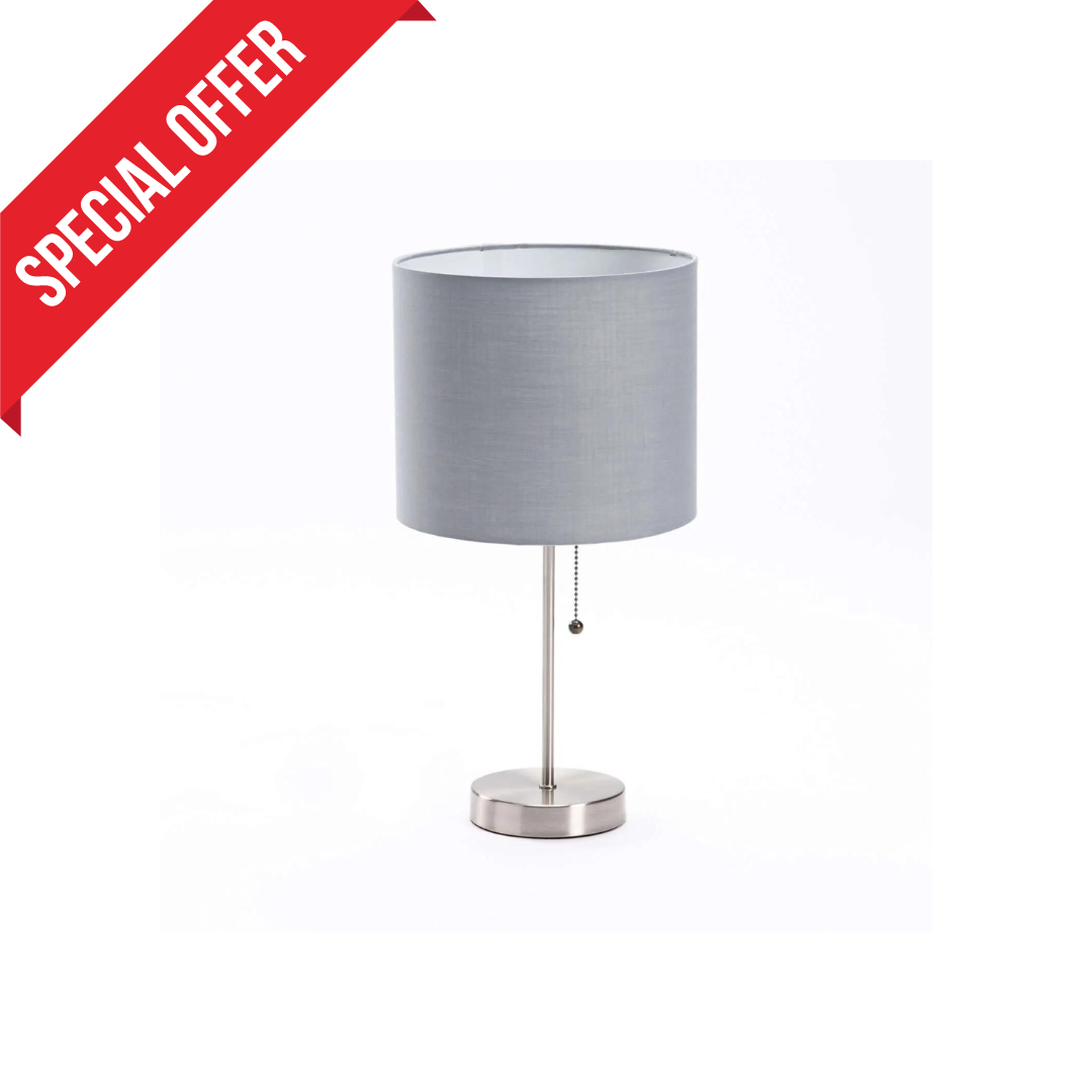 LAMP TABLE-METAL BASE-GREY FABRIC SHADE