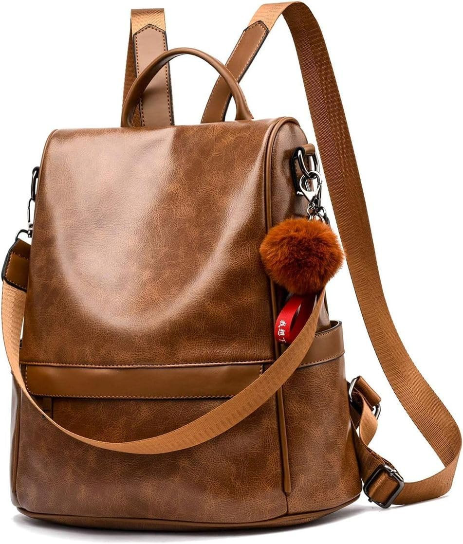 Anti-Theft Backpack Shoulder Bag for Women's Spacious Waterproof PU Leather - Brown