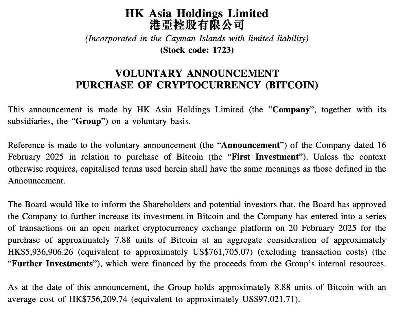 Publicly Traded HK Asia Holdings Limited approved to buy more : $BTC , Bitcoin