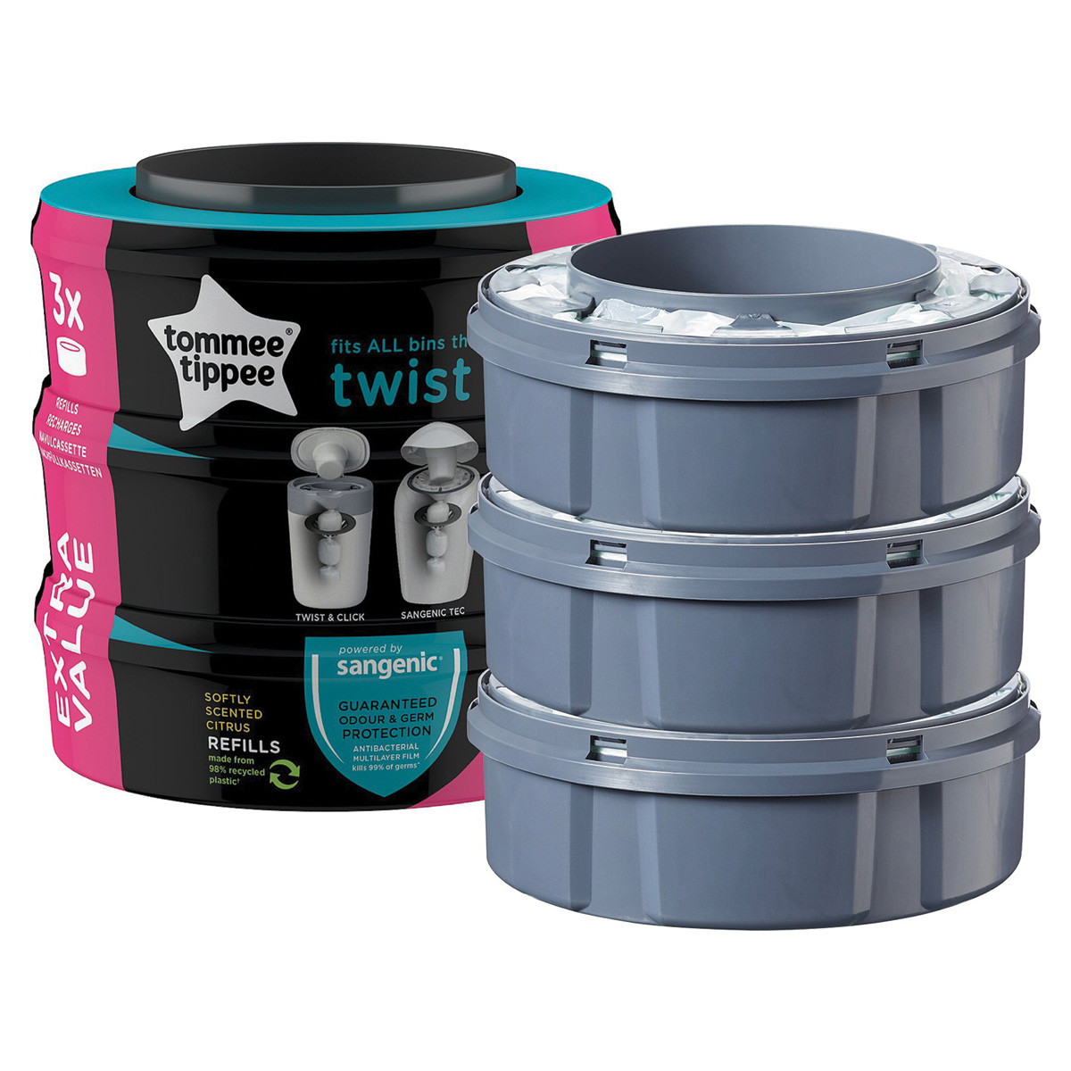 Tommee Tippee Sangenic Twist & Click Nappy Disposable Bin Refill Cassette 3pack Eco Friendlier