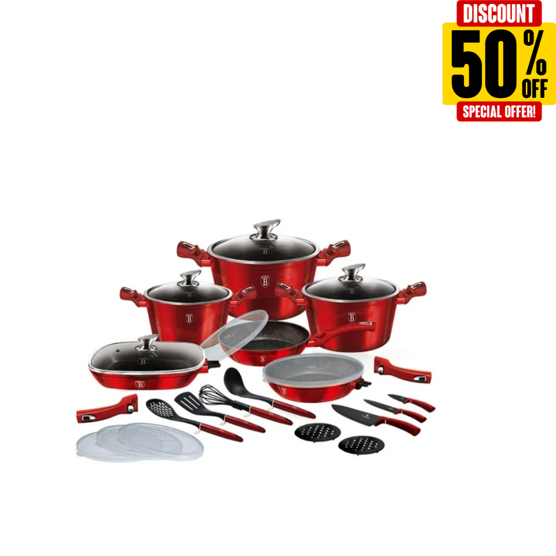 Berlinger Haus 24-Piece Marble Coating Smart Lid Cookware Set - Burgundy